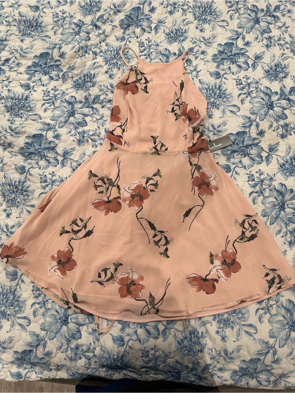 Lulu's Peach Floral Dress with Rust Bloom Accents